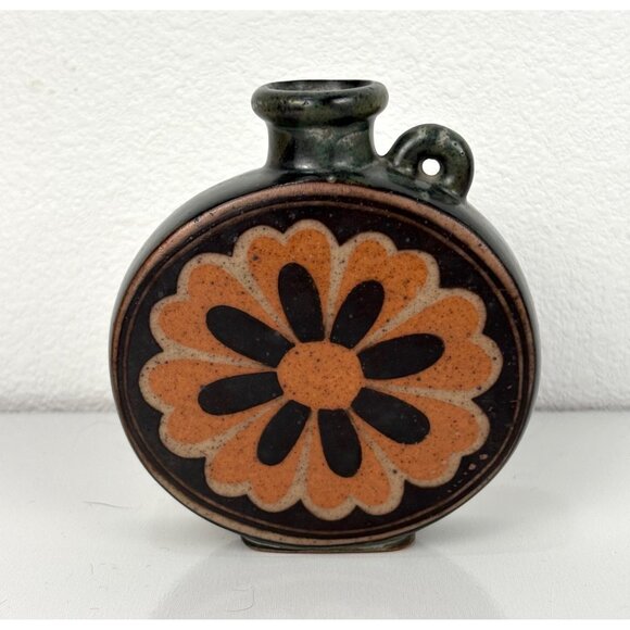 Vintage MCM Handcrafted Ceramic Flask Vase Domino Daisy Handle Orange 4” - Picture 1 of 5